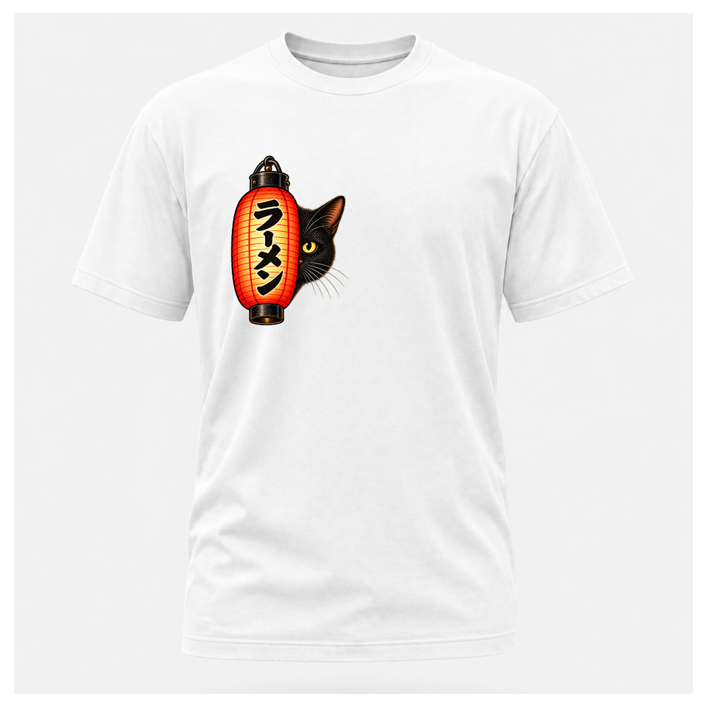 Male floating form wearing a white Yofuke Ramen Cat T-shirt, showing the small lantern and black cat front chest design by RIOTTEES.
