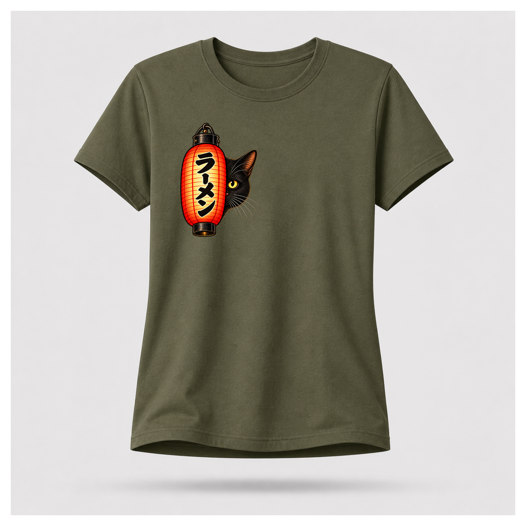 Female floating form wearing a military green Yofuke Ramen Cat T-shirt, showing the small lantern and black cat front chest design by RIOTTEES.