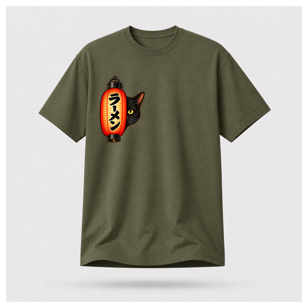 Male floating form wearing a military green Yofuke Ramen Cat T-shirt, showing the small lantern and black cat front chest design by RIOTTEES.