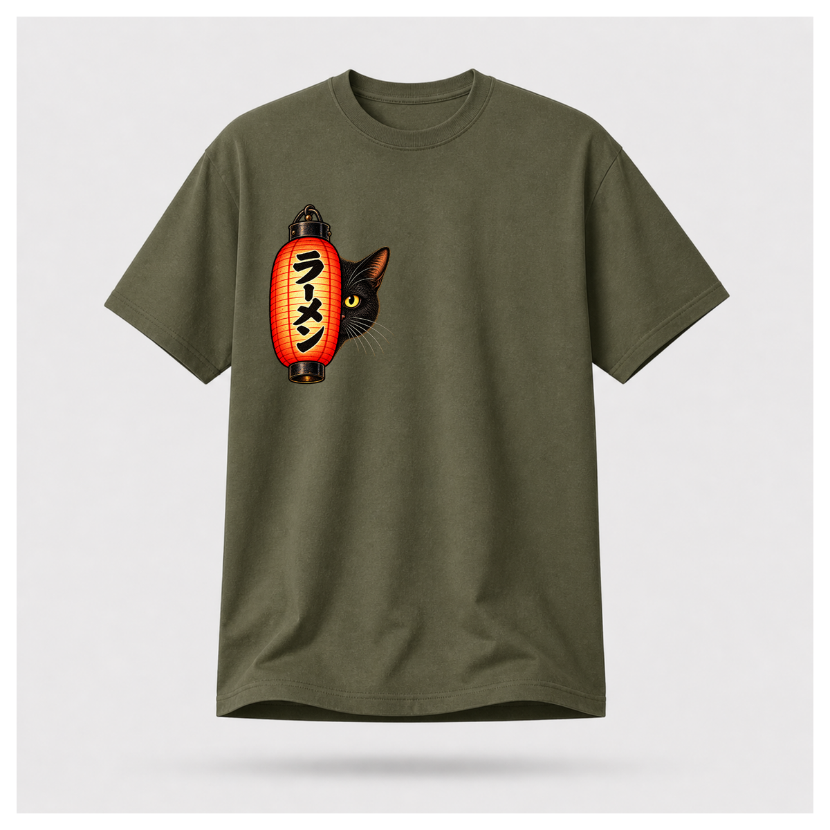 Male floating form wearing a military green Yofuke Ramen Cat T-shirt, showing the small lantern and black cat front chest design by RIOTTEES.
