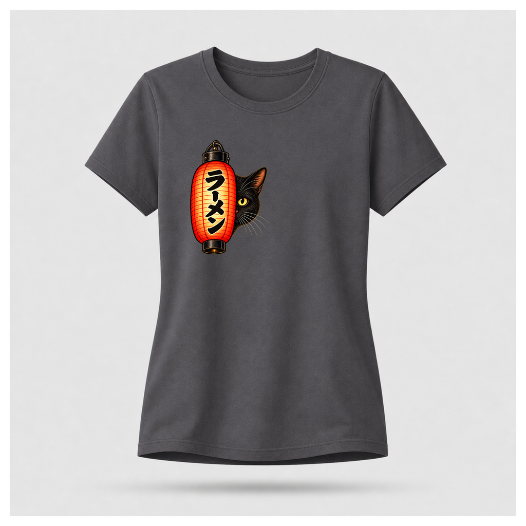 Female floating form wearing a charcoal grey Yofuke Ramen Cat T-shirt, showing the small lantern and black cat front chest design by RIOTTEES.