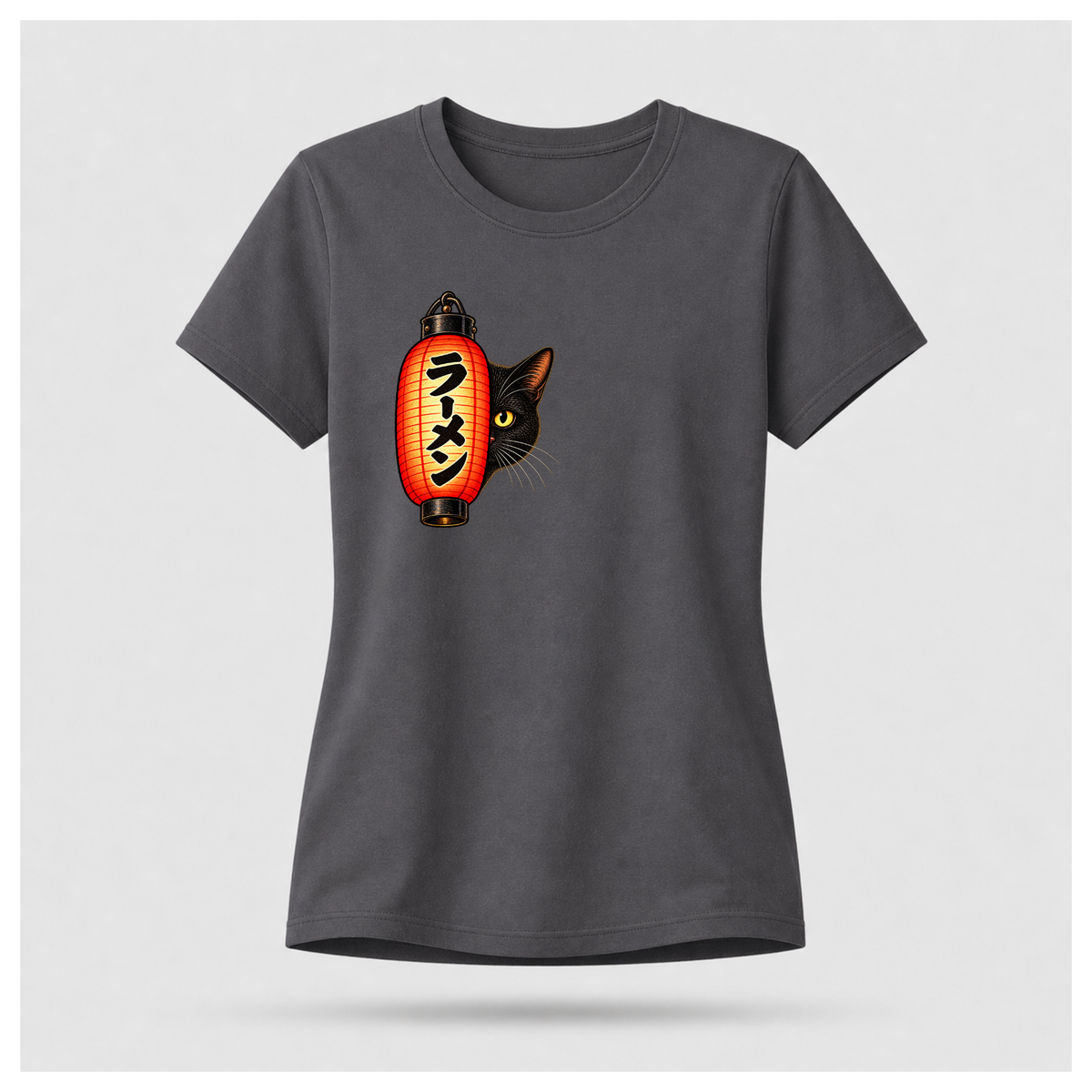 Female floating form wearing a charcoal grey Yofuke Ramen Cat T-shirt, showing the small lantern and black cat front chest design by RIOTTEES.