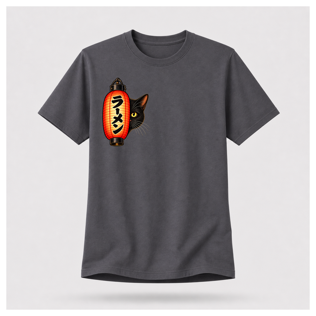 Male floating form wearing a charcoal grey Yofuke Ramen Cat T-shirt, showing the small lantern and black cat front chest design by RIOTTEES.