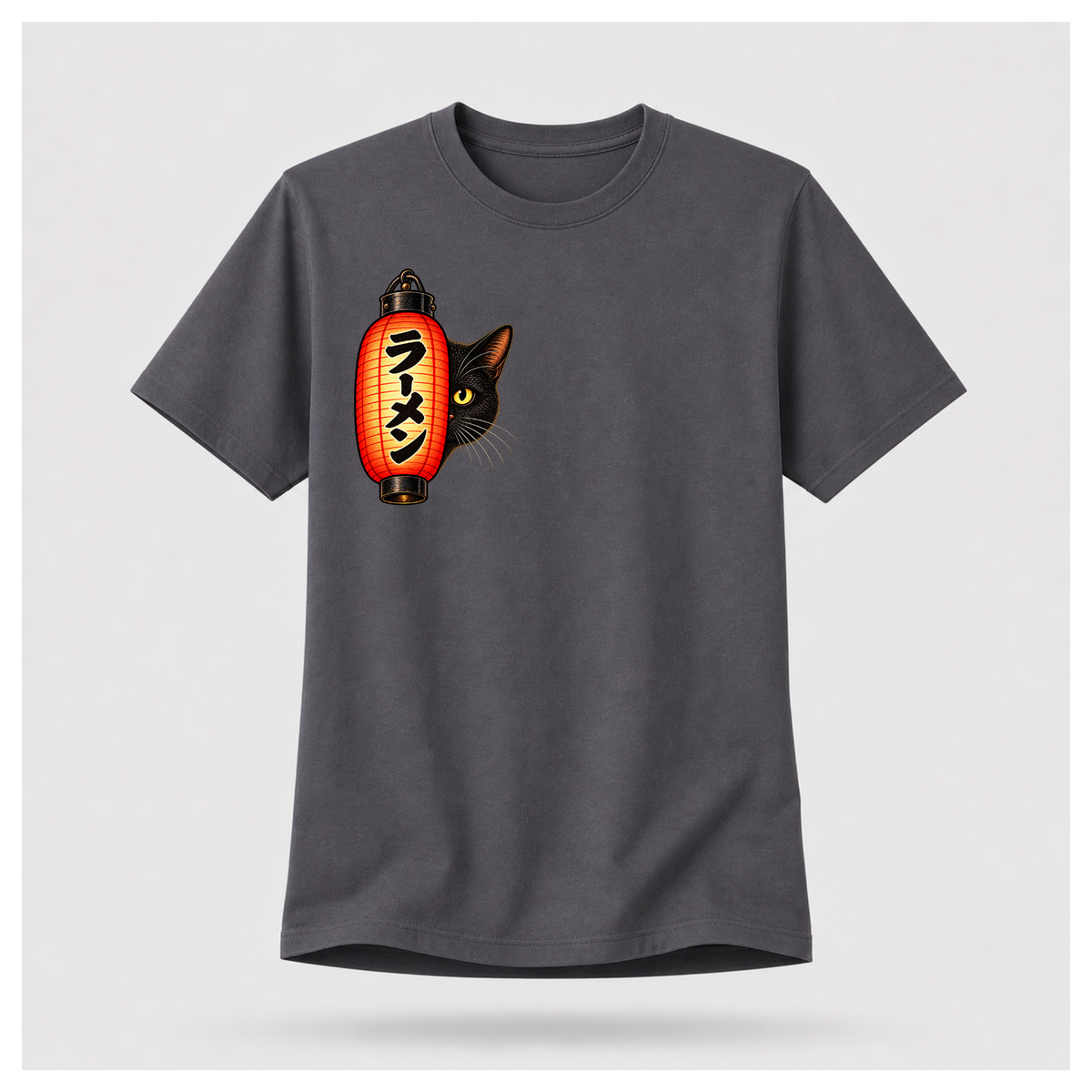 Male floating form wearing a charcoal grey Yofuke Ramen Cat T-shirt, showing the small lantern and black cat front chest design by RIOTTEES.