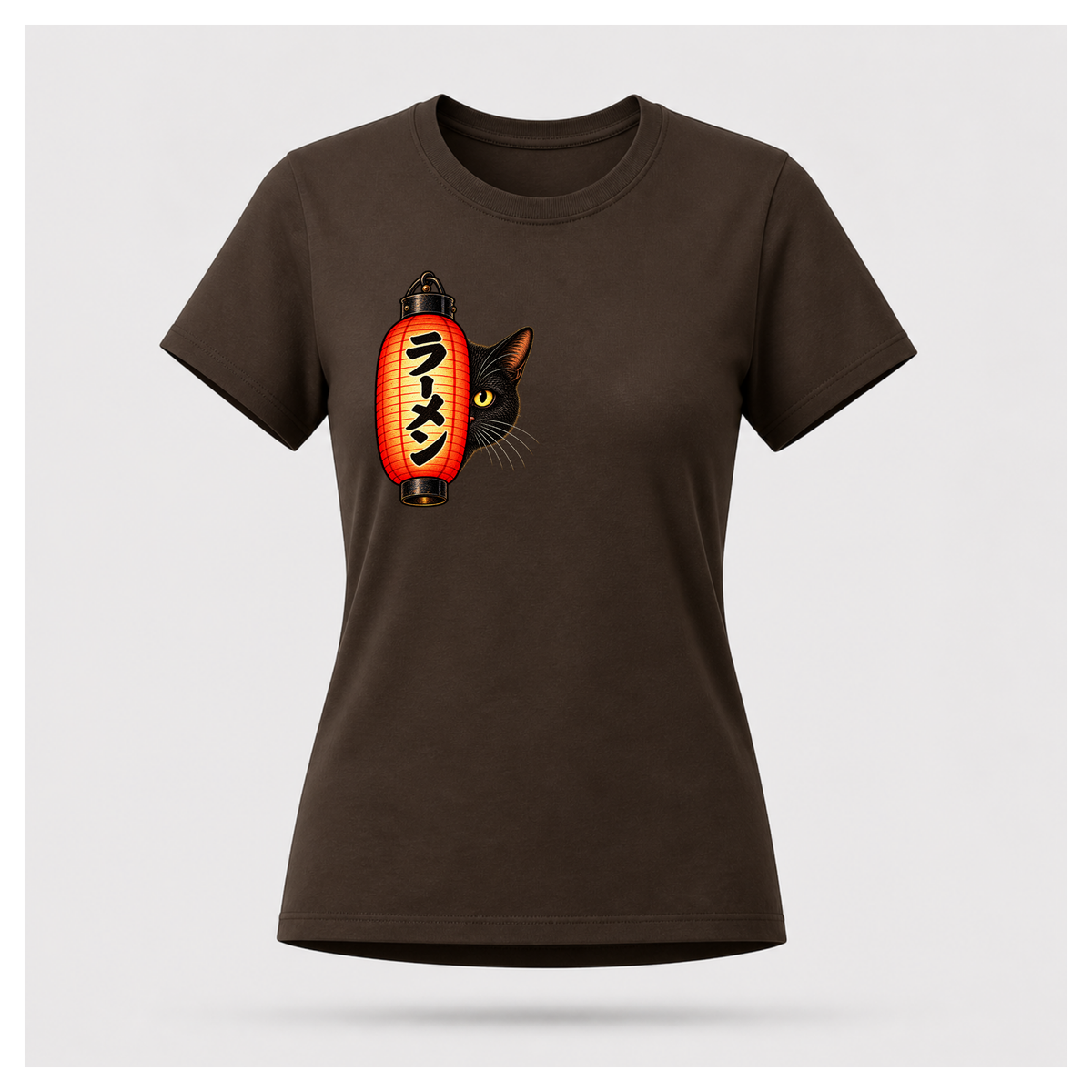 Female floating form wearing a chocolate brown Yofuke Ramen Cat T-shirt, showing the small lantern and black cat front chest design by RIOTTEES.